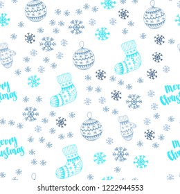 Light Pink, Blue vector seamless template with ice snowflakes, balls, socks, mittens. Modern geometric abstract illustration. Template for business cards, websites.