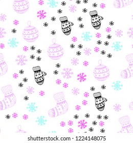 Light Pink, Blue vector seamless background with xmas snowflakes, balls, socks, mittens. Modern geometric abstract illustration. Pattern for trendy fabric, wallpapers.