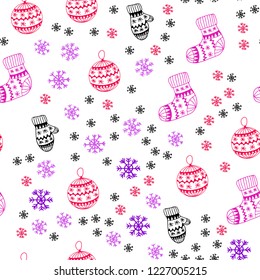 Light Pink, Blue vector seamless cover with beautiful snowflakes, balls, socks, mittens. Shining colorful illustration in christmas style. Template for business cards, websites.