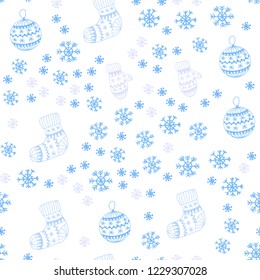Light Pink, Blue vector seamless pattern with christmas snowflakes, balls, socks, mittens. Colorful decorative design in xmas style. Design for wallpaper, fabric makers.