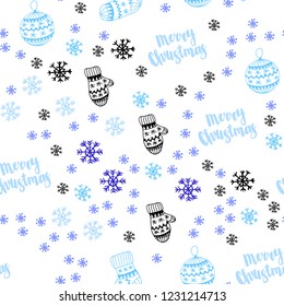 Light Pink, Blue vector seamless pattern with christmas snowflakes, balls, socks, mittens. Modern geometric abstract illustration. Template for business cards, websites.
