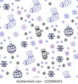 Light Pink, Blue vector seamless pattern with christmas snowflakes, balls, socks, mittens. Colorful decorative design in xmas style. Template for business cards, websites.