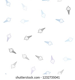 Light Pink, Blue vector seamless template with tasty ice-cream. Decorative design of ice-cream cones in doodle style. Pattern for ad, booklets, leaflets of restaurants.