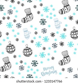 Light Pink, Blue vector seamless background with xmas snowflakes, balls, socks, mittens. Glitter abstract illustration with gradient. Design for textile, fabric, wallpapers.