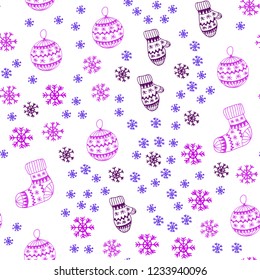 Light Pink, Blue vector seamless pattern with christmas snowflakes, balls, socks, mittens. Colorful xmas elements with gradient. Design for textile, fabric, wallpapers.