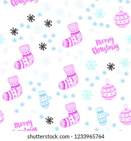 Light Pink, Blue vector seamless background with xmas snowflakes, balls, socks, mittens. Shining colorful illustration in christmas style. Design for textile, fabric, wallpapers.