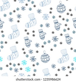Light Pink, Blue vector seamless layout with bright snowflakes, balls, socks, mittens. Colorful xmas elements with gradient. Texture for window blinds, curtains.