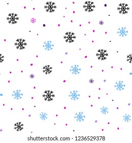 Light Pink, Blue vector seamless texture with colored snowflakes. Modern geometrical abstract illustration with snowflakes. Trendy design for wallpaper, fabric makers.