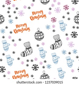 Light Pink, Blue vector seamless cover with beautiful snowflakes, balls, socks, mittens. Modern geometric abstract illustration. Design for textile, fabric, wallpapers.