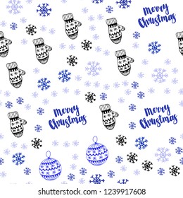 Light Pink, Blue vector seamless background with xmas snowflakes, balls, socks, mittens. Glitter abstract illustration with gradient. Template for business cards, websites.