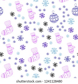 Light Pink, Blue vector seamless layout with bright snowflakes, balls, socks, mittens. Colorful xmas elements with gradient. Design for textile, fabric, wallpapers.