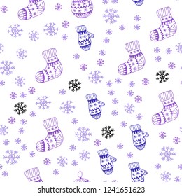 Light Pink, Blue vector seamless texture with colored snowflakes, balls, socks, mittens. Colorful illustration with xmas symbols. Design for wallpaper, fabric makers.