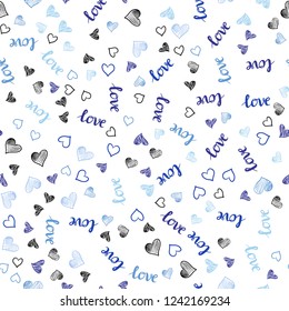 Light Pink, Blue vector seamless background with words of love, hearts. Romantic illustration with colorful phrase LOVE YOU, hearts. Pattern for design of fabric, wallpapers.