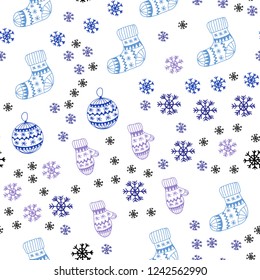 Light Pink, Blue vector seamless cover with beautiful snowflakes, balls, socks, mittens. Modern geometric abstract illustration. Texture for window blinds, curtains.