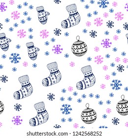 Light Pink, Blue vector seamless template with ice snowflakes, balls, socks, mittens. Colorful illustration with xmas symbols. Template for business cards, websites.