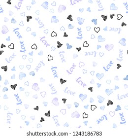 Light Pink, Blue vector seamless texture with words LOVE YOU, hearts. Design in doodle style with text LOVE YOU, hearts. Pattern for design of fabric, wallpapers.