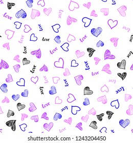Light Pink, Blue vector seamless backdrop with phrase LOVE YOU, hearts. Romantic illustration with colorful phrase LOVE YOU, hearts. Texture for window blinds, curtains.