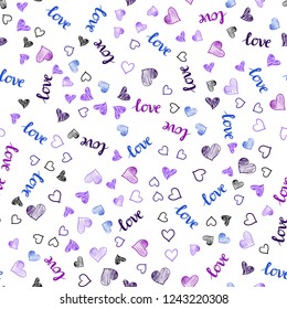 Light Pink, Blue vector seamless cover with quote LOVE YOU, hearts. Illustration with words of love, hearts in abstract style. Design for textile, fabric, wallpapers.