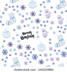 Light Pink, Blue vector seamless layout with bright snowflakes, balls, socks, mittens. Colorful illustration with xmas symbols. Template for business cards, websites.