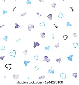 Light Pink, Blue vector seamless cover with quote LOVE YOU, hearts. Illustration with words of love, hearts in abstract style. Texture for window blinds, curtains.