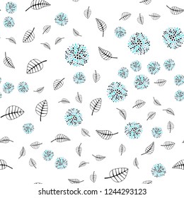 Light Pink, Blue vector seamless doodle pattern with leaves, flowers. Colorful illustration in doodle style with leaves, flowers. Design for textile, fabric, wallpapers.