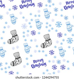 Light Pink, Blue vector seamless cover with beautiful snowflakes, balls, socks, mittens. Colorful decorative design in xmas style. Design for textile, fabric, wallpapers.