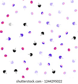 Light Pink, Blue vector seamless template with cups of coffee, beans. Gradient illustration with set of mugs, beans. Doodle design for your business advert of cafes.