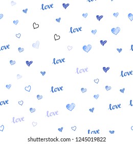 Light Pink, Blue vector seamless cover with quote LOVE YOU, hearts. Colorful illustration with quote LOVE YOU, hearts. Pattern for design of fabric, wallpapers.