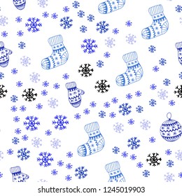 Light Pink, Blue vector seamless background with xmas snowflakes, balls, socks, mittens. Colorful xmas elements with gradient. Design for wallpaper, fabric makers.