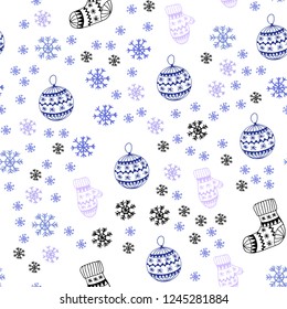 Light Pink, Blue vector seamless pattern with christmas snowflakes, balls, socks, mittens. Colorful illustration with xmas symbols. Design for wallpaper, fabric makers.