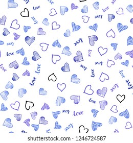 Light Pink, Blue vector seamless texture with words LOVE YOU, hearts. Romantic illustration with colorful phrase LOVE YOU, hearts. Template for business cards, websites.
