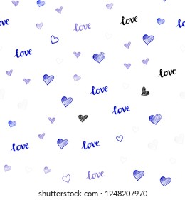Light Pink, Blue vector seamless cover with quote LOVE YOU, hearts. Illustration with words of love, hearts in abstract style. Template for business cards, websites.
