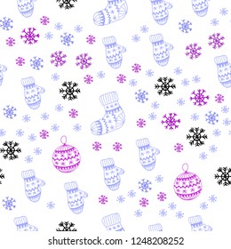 Light Pink, Blue vector seamless background with xmas snowflakes, balls, socks, mittens. Colorful decorative design in xmas style. Design for textile, fabric, wallpapers.