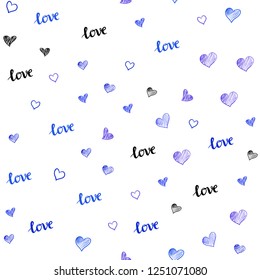 Light Pink, Blue vector seamless texture with words LOVE YOU, hearts. Romantic illustration with colorful phrase LOVE YOU, hearts. Texture for window blinds, curtains.