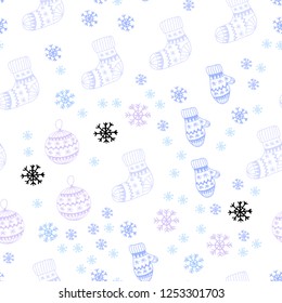Light Pink, Blue vector seamless layout with bright snowflakes, balls, socks, mittens. Colorful illustration with xmas symbols. Pattern for design of fabric, wallpapers.