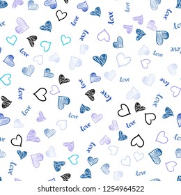 Light Pink, Blue vector seamless cover with quote LOVE YOU, hearts. Illustration with words of love, hearts in abstract style. Texture for window blinds, curtains.