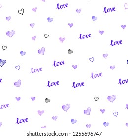 Light Pink, Blue vector seamless pattern with phrase LOVE YOU, hearts. Illustration with words of love, hearts in abstract style. Pattern for trendy fabric, wallpapers.