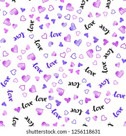 Light Pink, Blue vector seamless pattern with phrase LOVE YOU, hearts. Illustration with words of love, hearts in abstract style. Design for wallpaper, fabric makers.