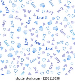 Light Pink, Blue vector seamless pattern with phrase LOVE YOU, hearts. Colorful illustration with quote LOVE YOU, hearts. Design for wallpaper, fabric makers.