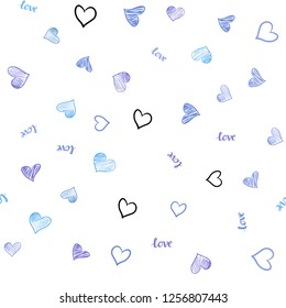 Light Pink, Blue vector seamless template with text LOVE YOU, hearts. Illustration with words of love, hearts in abstract style. Design for textile, fabric, wallpapers.