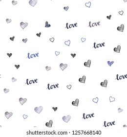 Light Pink, Blue vector seamless texture with words LOVE YOU, hearts. Illustration with words of love, hearts in abstract style. Pattern for trendy fabric, wallpapers.