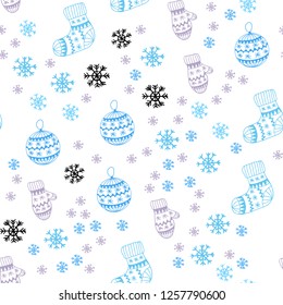 Light Pink, Blue vector seamless pattern with christmas snowflakes, balls, socks, mittens. Colorful xmas elements with gradient. Template for business cards, websites.