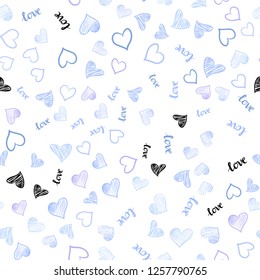 Light Pink, Blue vector seamless background with words of love, hearts. Illustration with phrase LOVE YOU, hearts for valentine's day. Texture for window blinds, curtains.