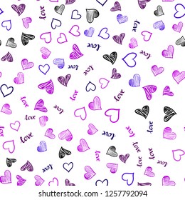 Light Pink, Blue vector seamless backdrop with phrase LOVE YOU, hearts. Design in doodle style with text LOVE YOU, hearts. Texture for window blinds, curtains.