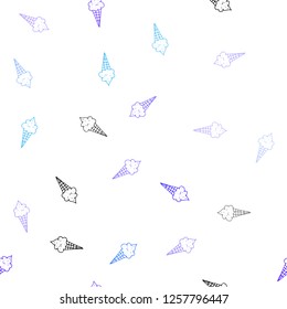 Light Pink, Blue vector seamless cover with sundae ice-cream. Illustration with set of delicious sweet ice-cream cones. Template of a black hot beverage in a cafe.