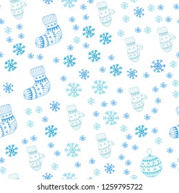 Light Pink, Blue vector seamless cover with beautiful snowflakes, balls, socks, mittens. Modern geometric abstract illustration. Pattern for design of fabric, wallpapers.