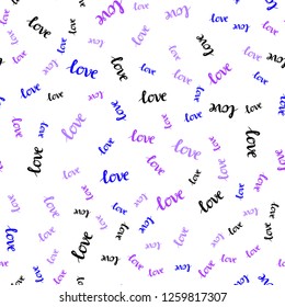 Light Pink, Blue vector seamless texture with words LOVE YOU. Decorative illustration with words of love in abstract style. Design for textile, fabric, wallpapers.