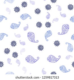Light Pink, Blue vector seamless doodle backdrop with leaves and flowers. Decorative design in Indian style on white background. Pattern for design of fabric, wallpapers.