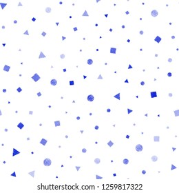 Light Pink, Blue vector seamless background with triangles, circles, cubes. Decorative design in abstract style with lines, dots, cubes. Pattern for design of window blinds, curtains.