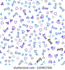 Light Pink, Blue vector seamless pattern with phrase LOVE YOU, hearts. Illustration with words of love, hearts in abstract style. Design for wallpaper, fabric makers.